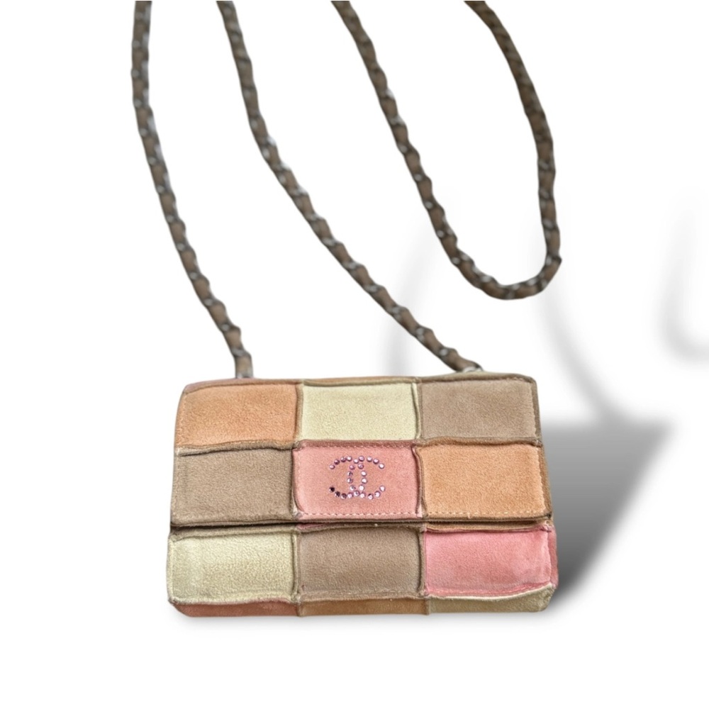 AUTH CHANEL PATCHWORK SUEDE MINI BAG CRYSTAL CC SILVER CHAIN RARE VINTAGE BOHO